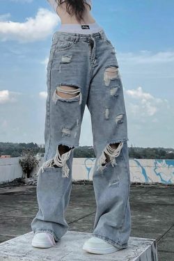 Y2K Grunge Ripped Baggy Jeans - 90s Fashion, Y2K Summer Outfits, Retro Style, Y2K Club