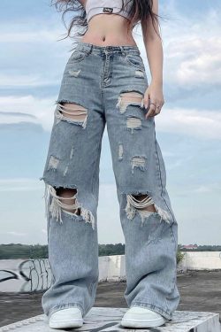 Y2K Grunge Ripped Baggy Jeans - 90s Fashion, Y2K Summer Outfits, Retro Style, Y2K Club