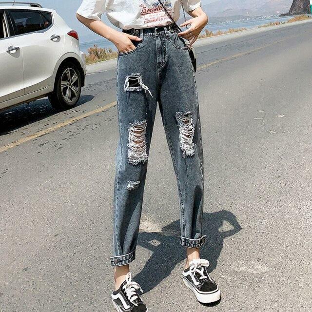 Y2K Grunge Ripped Distressed Mom Jeans - 90s Retro Summer Outfit Essentials