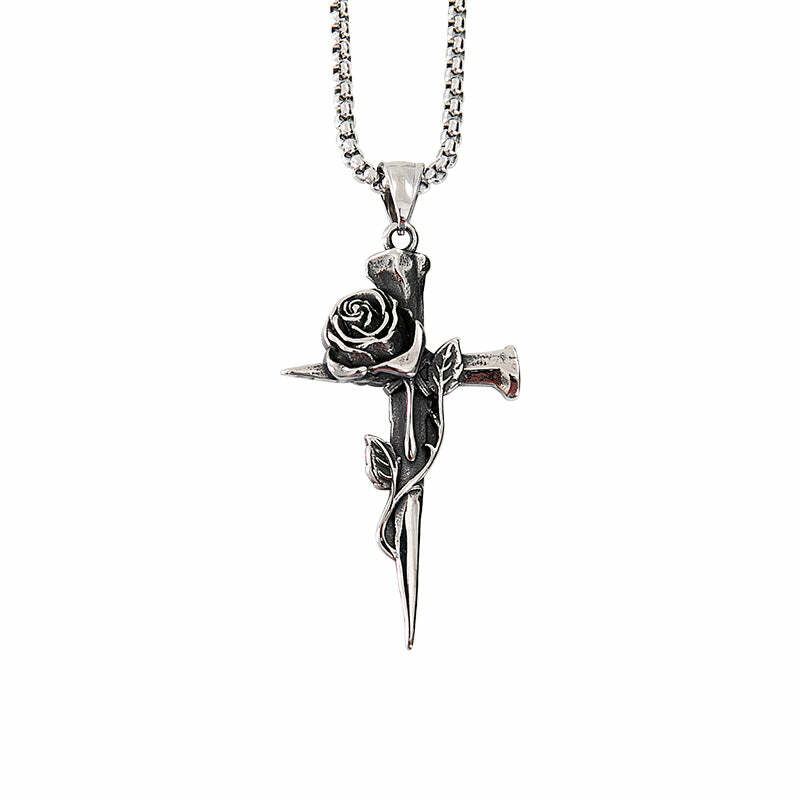 Y2K Grunge Rose Crossed Titanium Steel Necklace - Retro 90s Fashion, Gothic Y2K, Pastel Goth