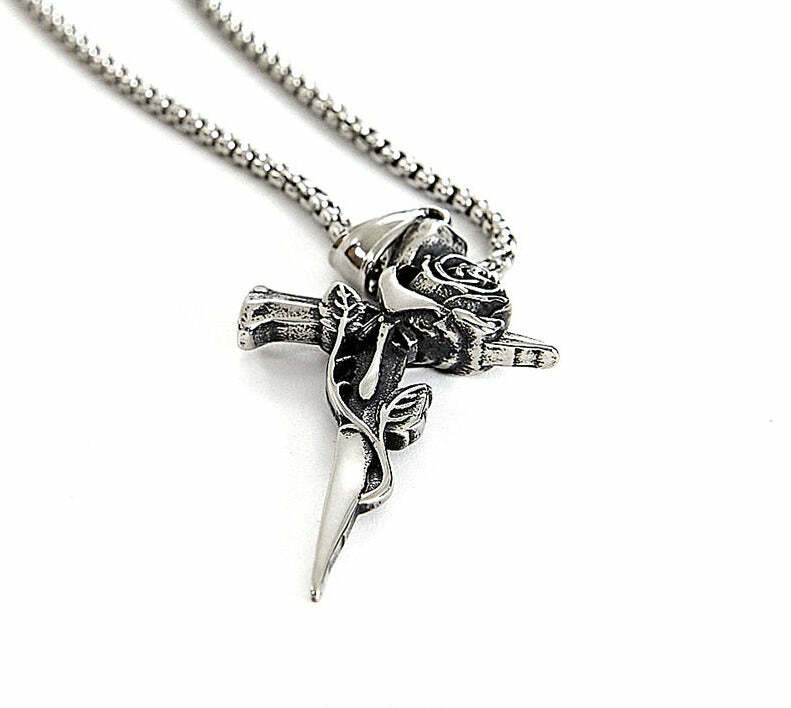Y2K Grunge Rose Crossed Titanium Steel Necklace - Retro 90s Fashion, Gothic Y2K Style