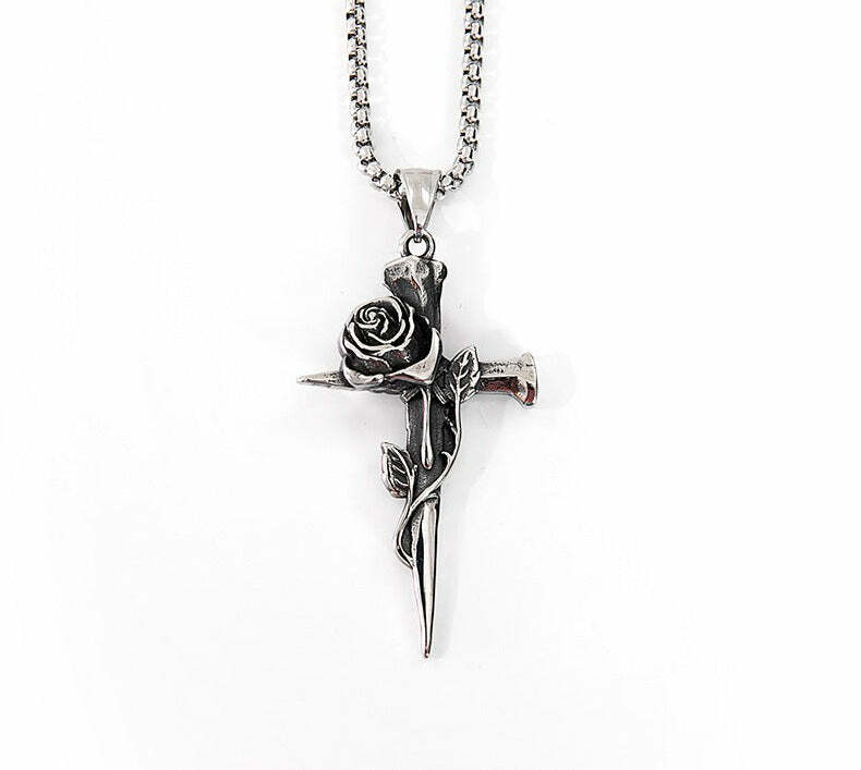 Y2K Grunge Rose Crossed Titanium Steel Necklace - Retro 90s Fashion, Gothic Y2K Style