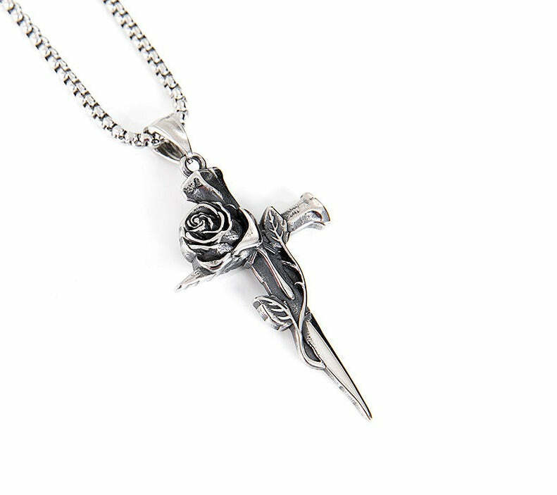 Y2K Grunge Rose Crossed Titanium Steel Necklace - Retro 90s Fashion, Gothic Y2K Style