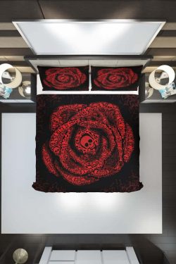 Y2K Grunge Rose of Skulls and Bones Duvet Cover Set - Retro 90s Goth Pastel Goth Bedding