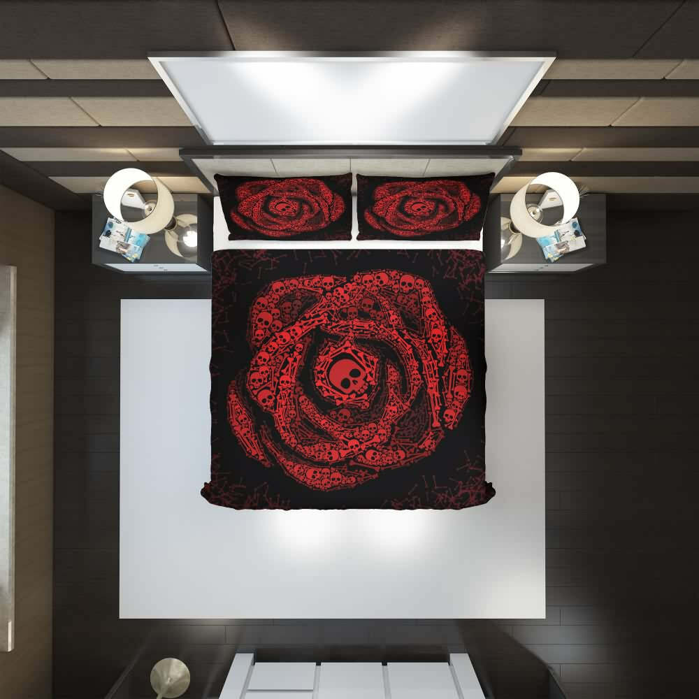 Y2K Grunge Rose of Skulls and Bones Duvet Cover Set - Retro 90s Goth Pastel Goth Bedding