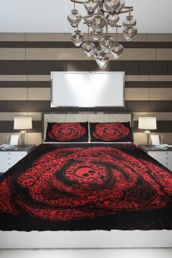 Y2K Grunge Rose of Skulls and Bones Duvet Cover Set - Retro 90s Goth Pastel Goth Bedding