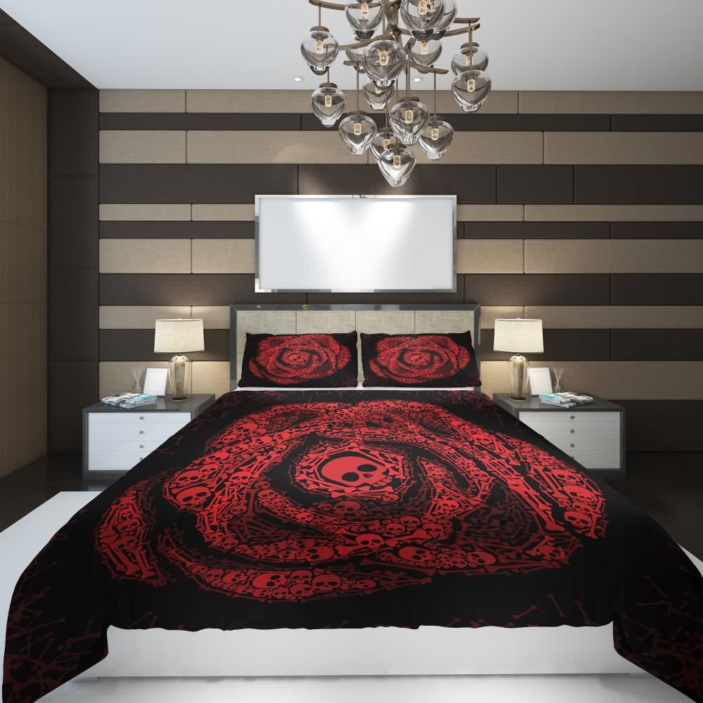 Y2K Grunge Rose of Skulls and Bones Duvet Cover Set - Retro 90s Goth Pastel Goth Bedding