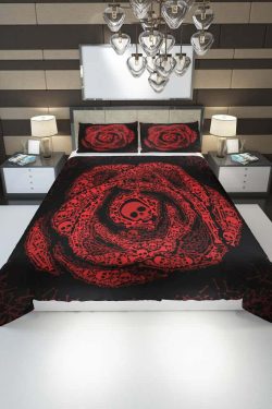 Y2K Grunge Rose of Skulls and Bones Duvet Cover Set - Retro 90s Goth Pastel Goth Bedding