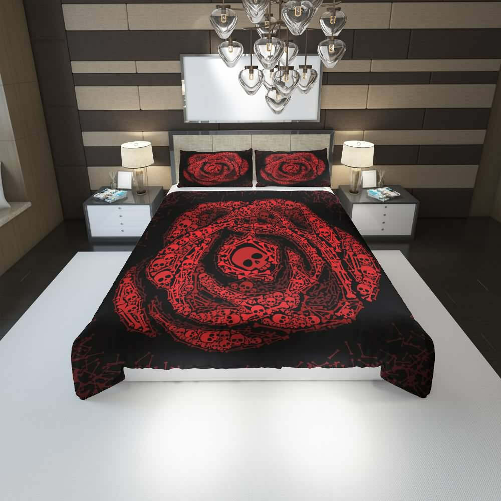 Y2K Grunge Rose of Skulls and Bones Duvet Cover Set - Retro 90s Goth Pastel Goth Bedding