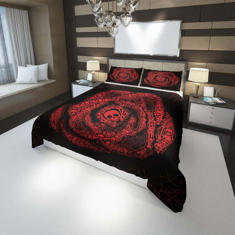 Y2K Grunge Rose of Skulls and Bones Duvet Cover Set - Retro 90s Goth Pastel Goth Bedding