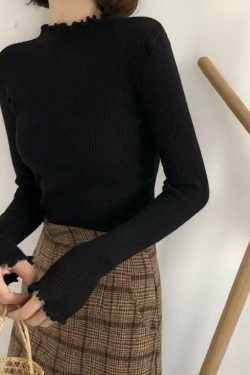 Y2K Grunge Ruffled Turtle-neck Sweatshirt - 90s Retro, Summer Outfits, Pastel Goth Fashion