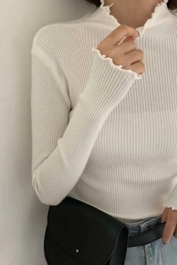 Y2K Grunge Ruffled Turtle-neck Sweatshirt - 90s Retro, Summer Outfits, Pastel Goth Fashion