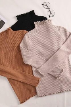 Y2K Grunge Ruffled Turtle-neck Sweatshirt - 90s Retro, Summer Outfits, Pastel Goth Fashion