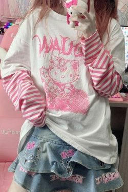 Y2K Grunge Sanriocore Goth Hello Kitty Long Sleeve Tee - Retro 90s Fashion for Women