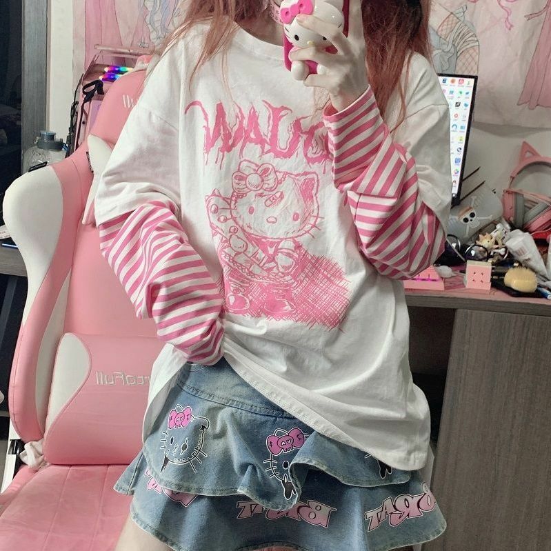 Y2K Grunge Sanriocore Goth Hello Kitty Long Sleeve Tee - Retro 90s Fashion for Women