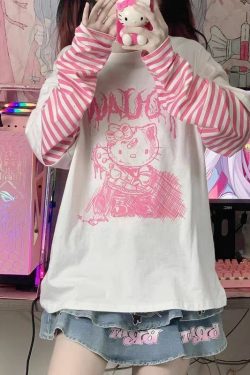 Y2K Grunge Sanriocore Goth Hello Kitty Long Sleeve Tee - Retro 90s Fashion for Women