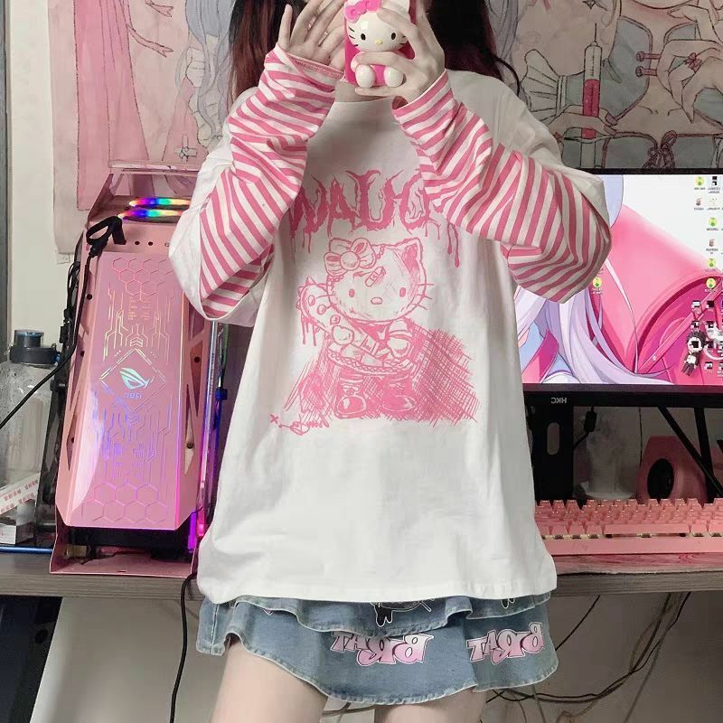 Y2K Grunge Sanriocore Goth Hello Kitty Long Sleeve Tee - Retro 90s Fashion for Women