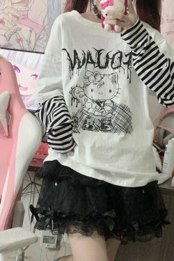 Y2K Grunge Sanriocore Goth Hello Kitty Long Sleeve Tee - Retro 90s Fashion for Women