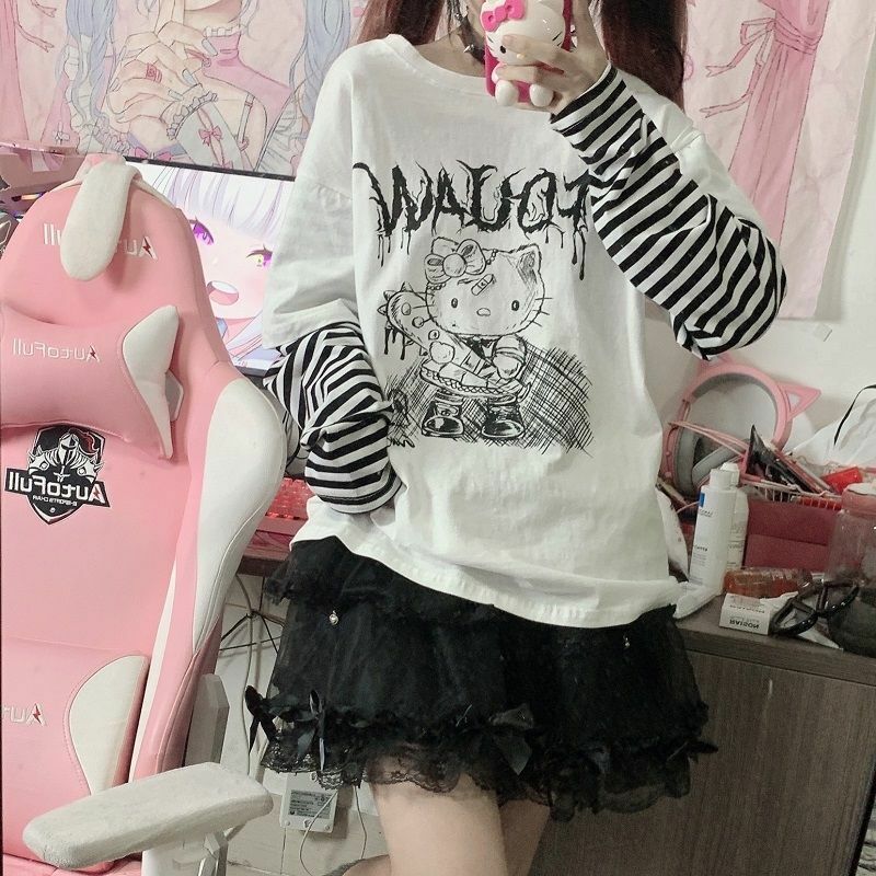 Y2K Grunge Sanriocore Goth Hello Kitty Long Sleeve Tee - Retro 90s Fashion for Women