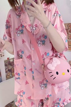 Y2K Grunge Sanriocore Pajamas Set - Retro 90s Summer Outfit, Pastel Goth, Y2K Fashion
