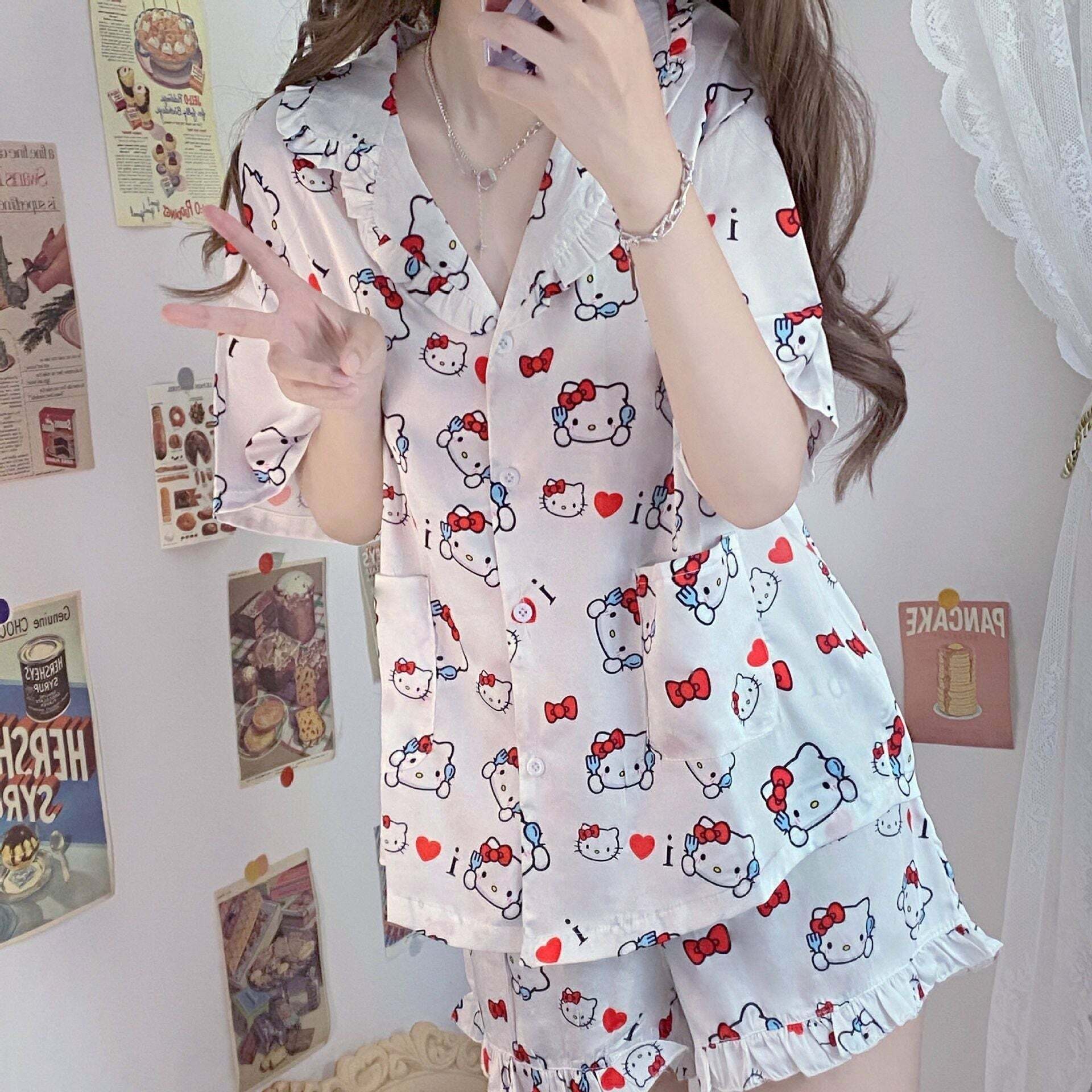 Y2K Grunge Sanriocore Pajamas Set - Retro 90s Summer Outfit, Pastel Goth, Y2K Fashion