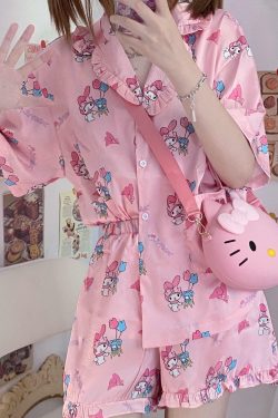 Y2K Grunge Sanriocore Pajamas Set - Retro 90s Summer Outfit, Pastel Goth, Y2K Fashion