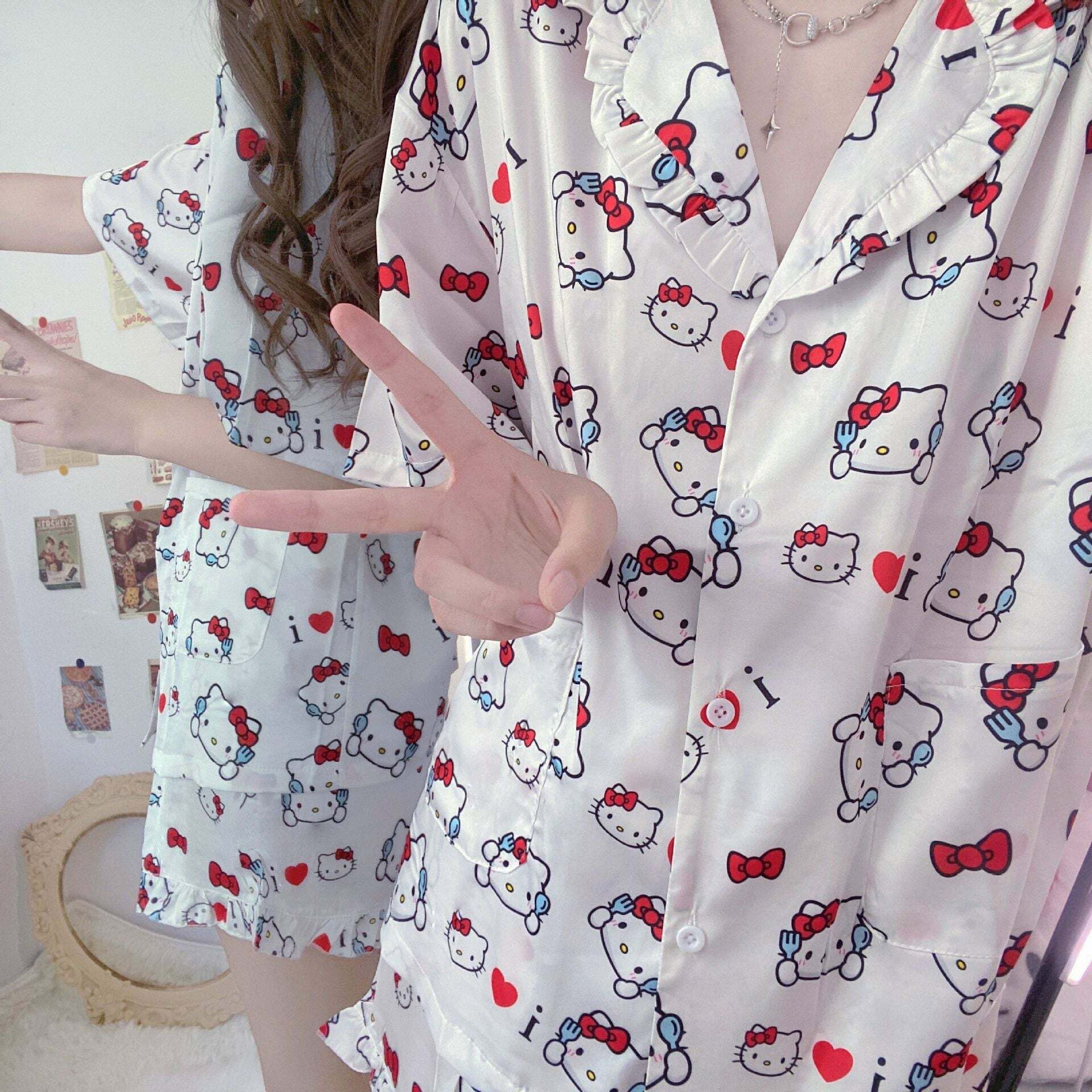 Y2K Grunge Sanriocore Pajamas Set - Retro 90s Summer Outfit, Pastel Goth, Y2K Fashion