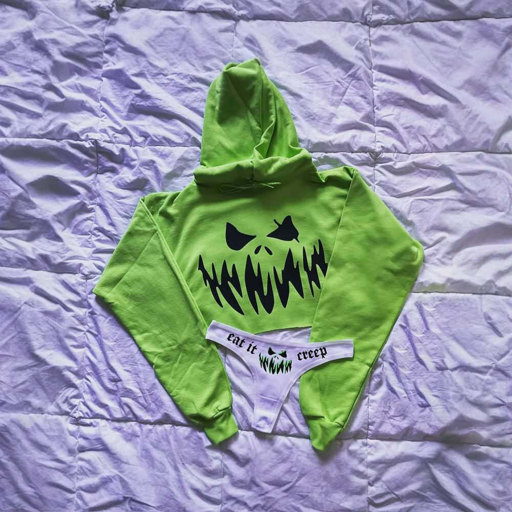Y2K Grunge Scary Pumpkin Cropped Hoodie & Panty Loungewear Set - Retro 90s Summer Outfit