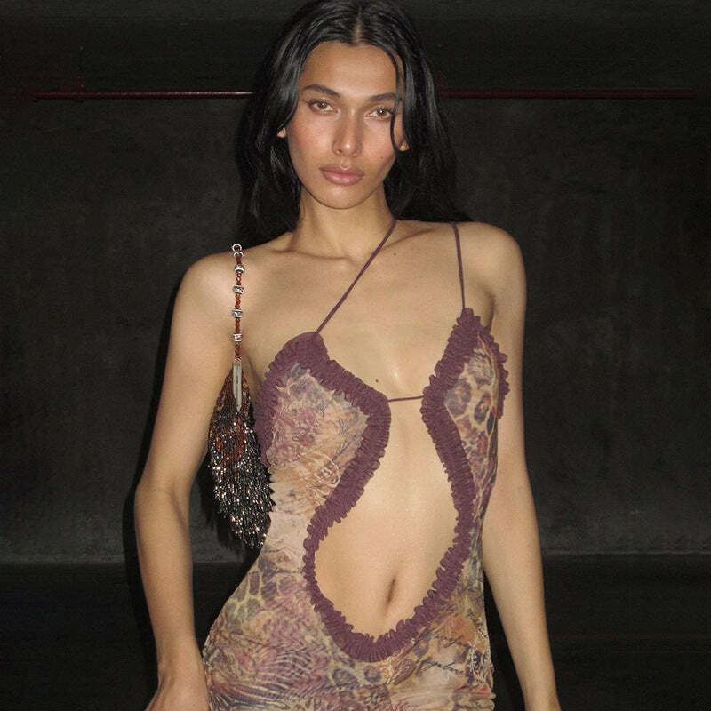 Y2K Grunge See-Through Mesh Maxi Dress - Retro 90s Summer Outfit, Gothic Y2K Party Look