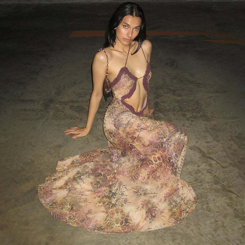 Y2K Grunge See-Through Mesh Maxi Dress - Retro 90s Summer Outfit, Gothic Y2K Party Look