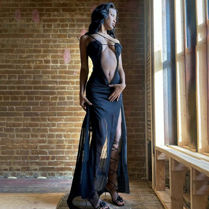Y2K Grunge See-Through Mesh Maxi Dress - Retro 90s Summer Outfit, Gothic Y2K Party Look
