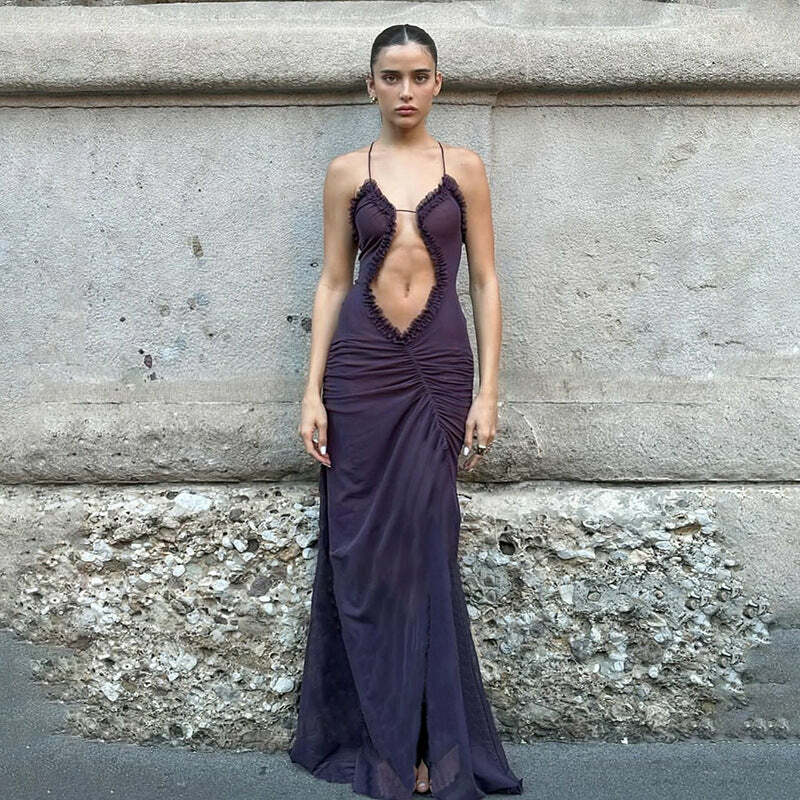 Y2K Grunge See-Through Mesh Maxi Dress - Retro 90s Summer Outfit, Gothic Y2K Party Look