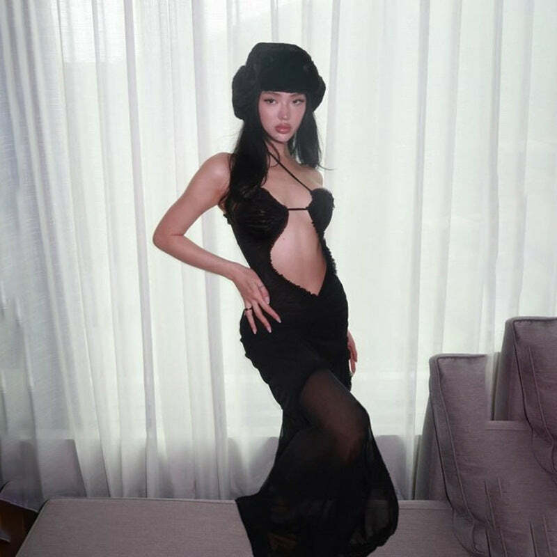 Y2K Grunge See-Through Mesh Maxi Dress - Retro 90s Summer Outfit, Gothic Y2K Party Look