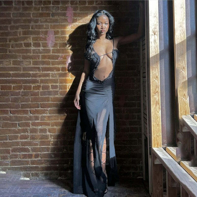 Y2K Grunge See-Through Mesh Maxi Dress - Retro 90s Summer Outfit, Gothic Y2K Party Look