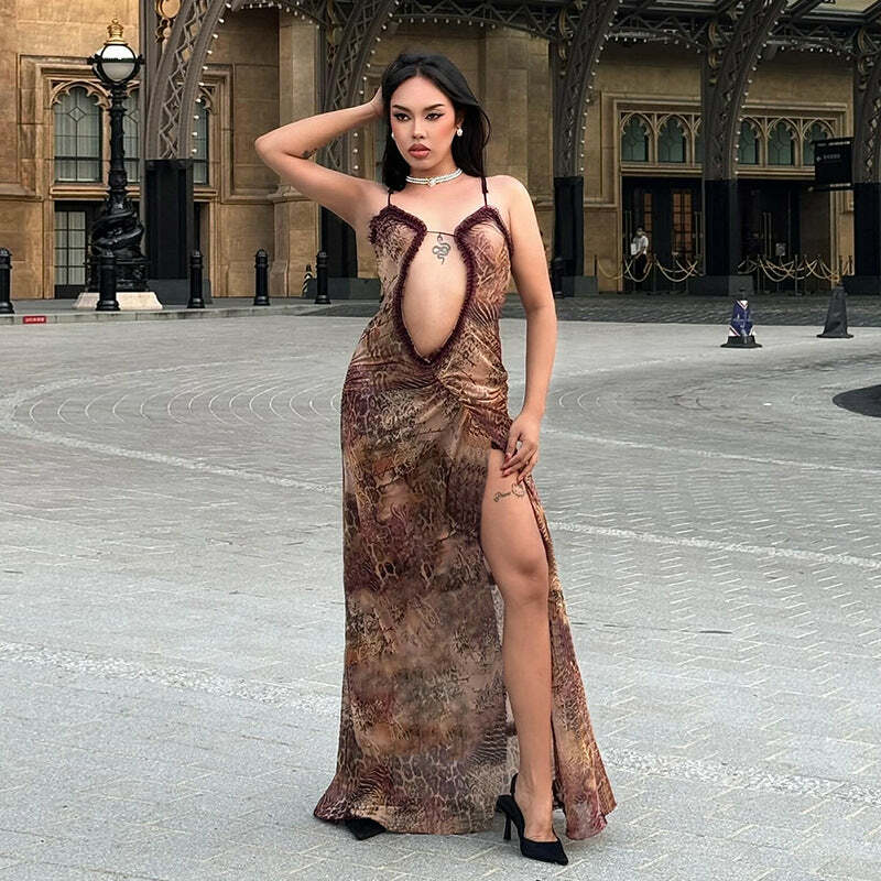 Y2K Grunge See-Through Mesh Maxi Dress - Retro 90s Summer Outfit, Gothic Y2K Party Look