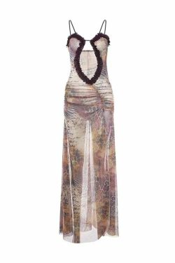Y2K Grunge See-Through Mesh Maxi Dress - Retro 90s Summer Outfit, Gothic Y2K Party Look