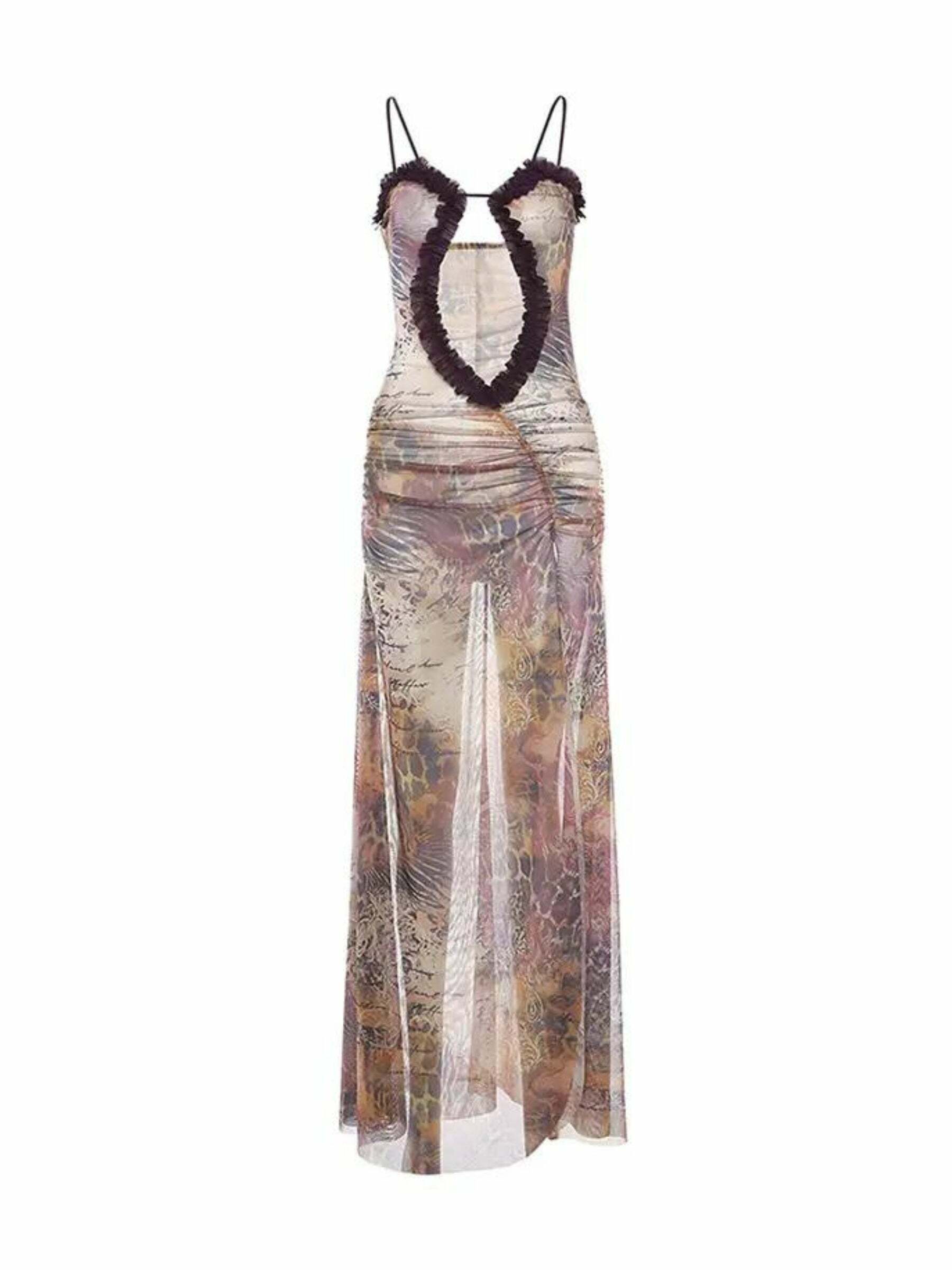 Y2K Grunge See-Through Mesh Maxi Dress - Retro 90s Summer Outfit, Gothic Y2K Party Look