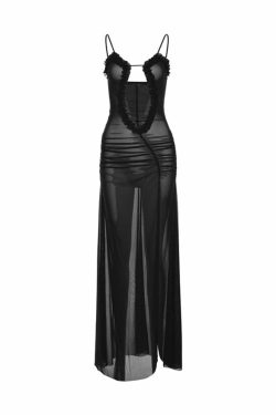 Y2K Grunge See-Through Mesh Maxi Dress - Retro 90s Summer Outfit, Gothic Y2K Party Look