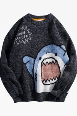 Y2K Grunge Shark Sweater - Retro 90s Fashion, Summer Y2K Outfits, Pastel Goth Style