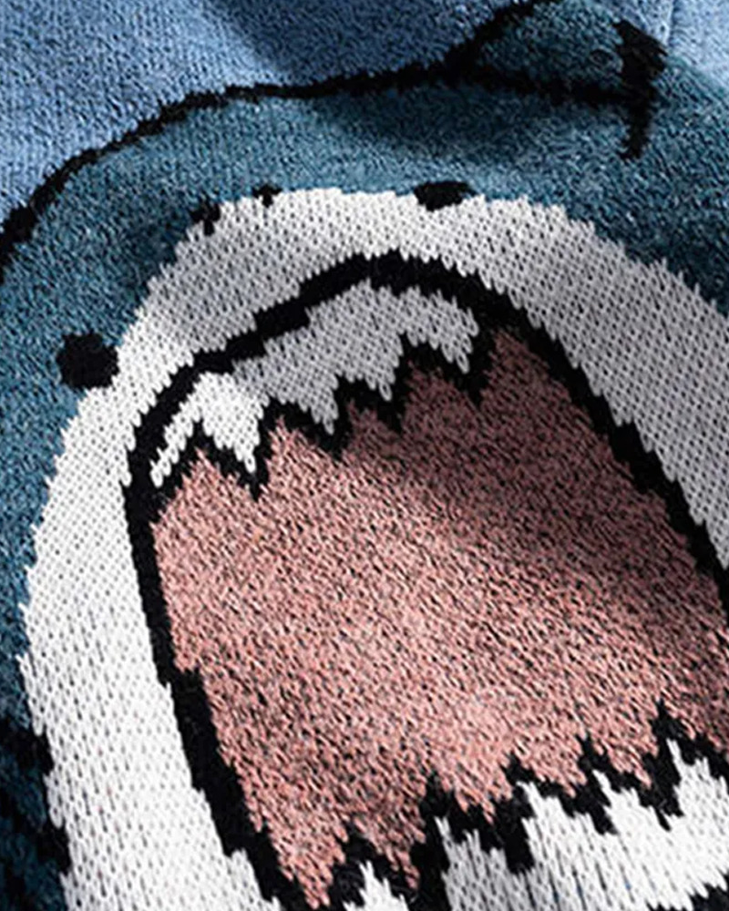 Y2K Grunge Shark Sweater - Retro 90s Fashion, Summer Y2K Outfits, Pastel Goth Style
