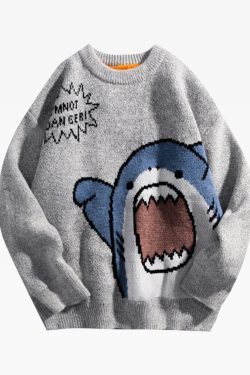 Y2K Grunge Shark Sweater - Retro 90s Fashion, Summer Y2K Outfits, Pastel Goth Style