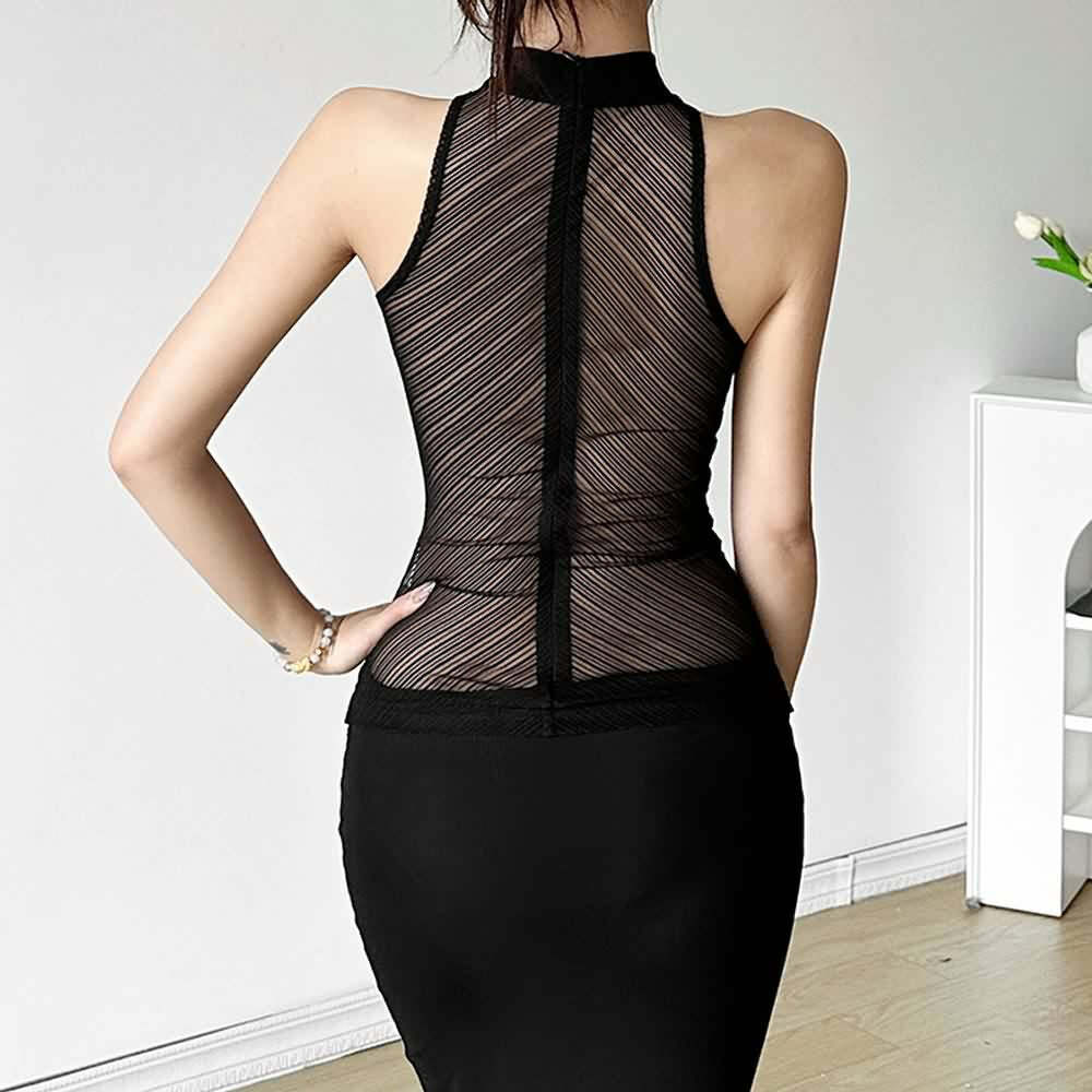 Y2K Grunge Sheer Cut Out Halter Top - 90s Retro Goth Summer Party Outfit