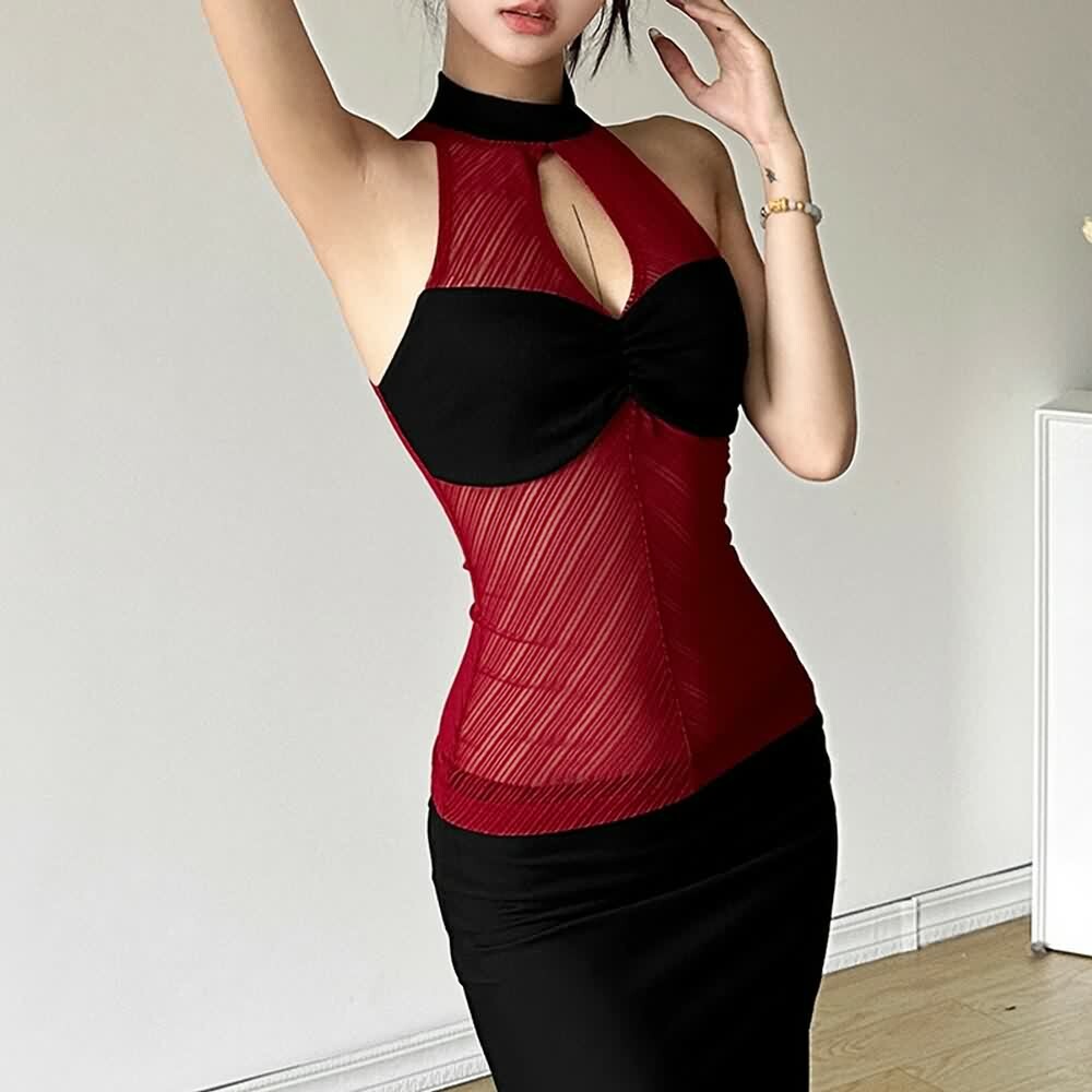 Y2K Grunge Sheer Cut Out Halter Top - 90s Retro Goth Summer Party Outfit