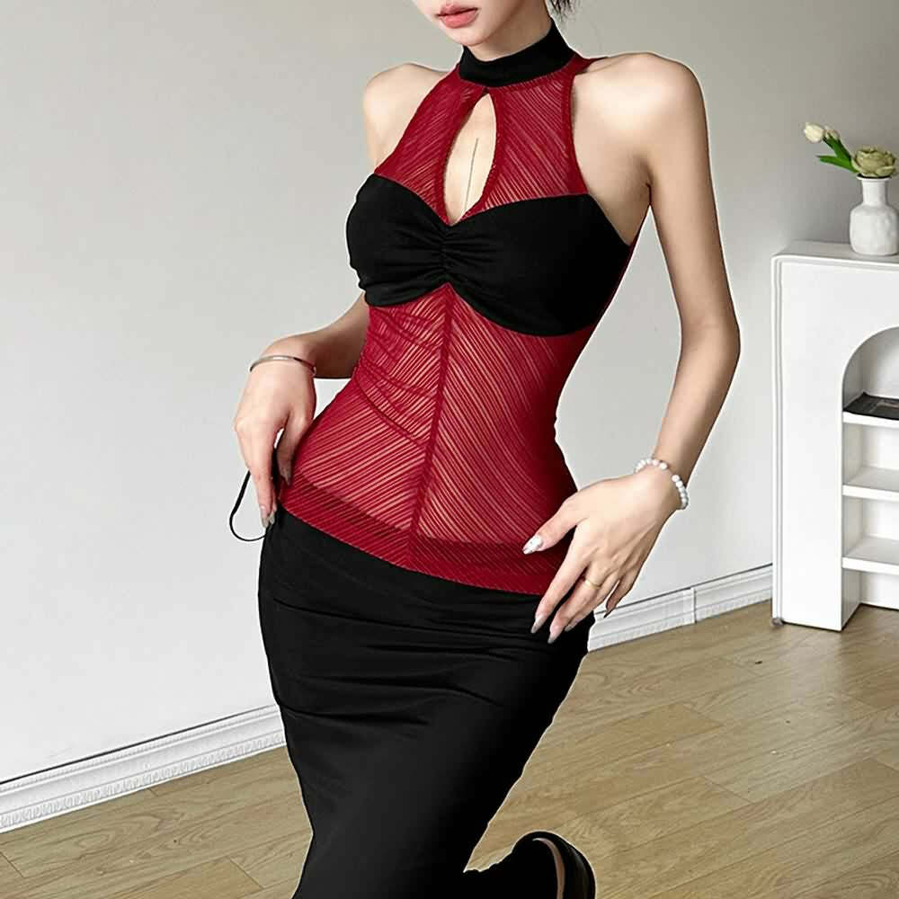 Y2K Grunge Sheer Cut Out Halter Top - 90s Retro Goth Summer Party Outfit