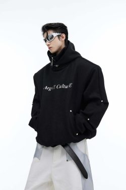 Y2K Grunge Silver-Studded Logo Hoodie - Retro 90s Fashion, Summer Outfits, and Clubwear