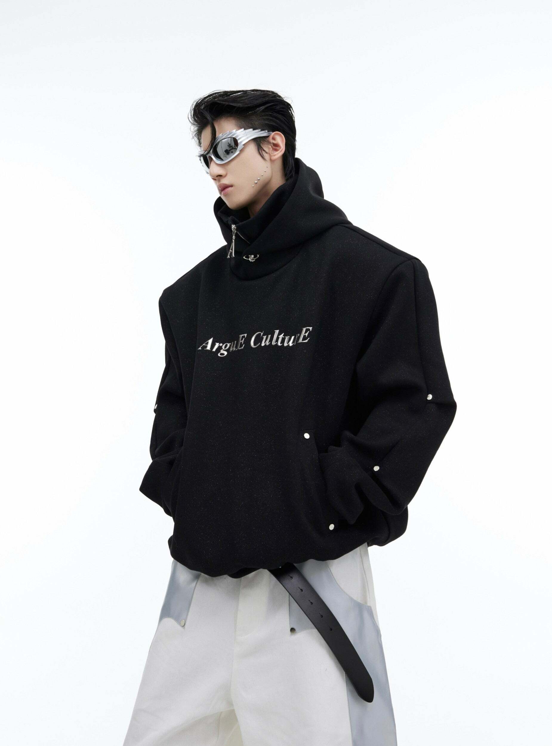 Y2K Grunge Silver-Studded Logo Hoodie - Retro 90s Fashion, Summer Outfits, and Clubwear