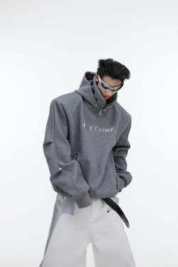 Y2K Grunge Silver-Studded Logo Hoodie - Retro 90s Fashion, Summer Outfits, and Clubwear