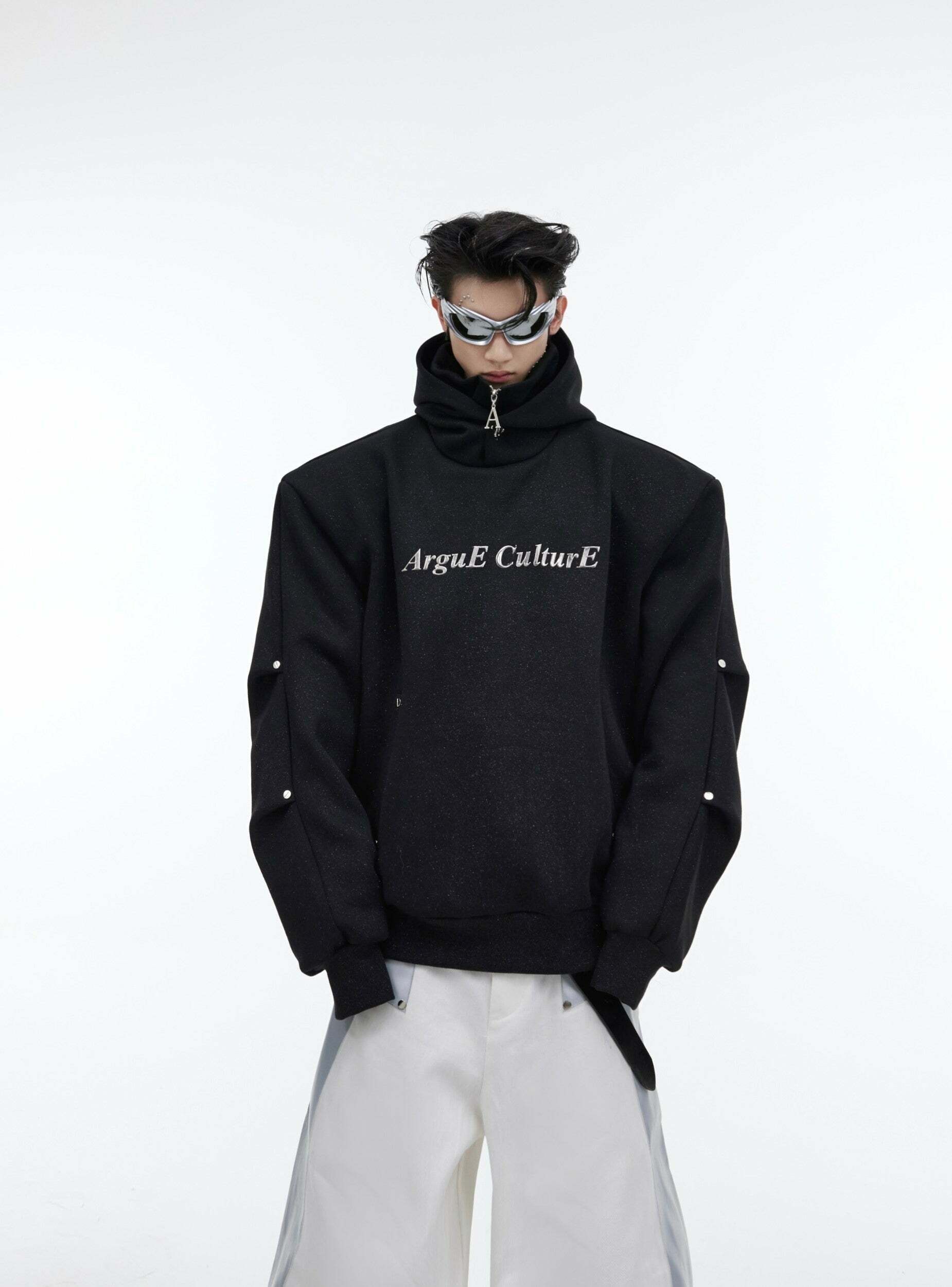 Y2K Grunge Silver-Studded Logo Hoodie - Retro 90s Fashion, Summer Outfits, and Clubwear