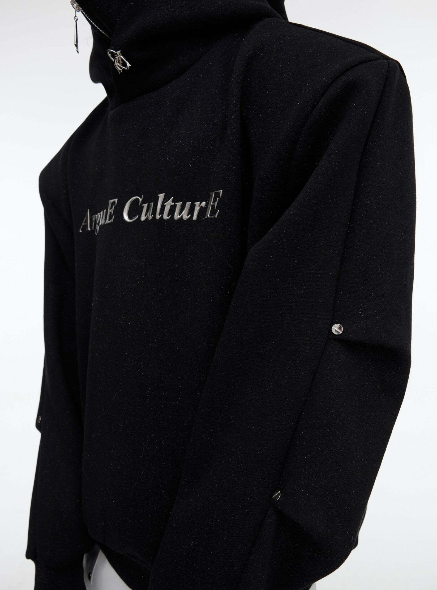 Y2K Grunge Silver-Studded Logo Hoodie - Retro 90s Fashion, Summer Outfits, and Clubwear