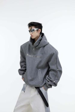 Y2K Grunge Silver-Studded Logo Hoodie - Retro 90s Fashion, Summer Outfits, and Clubwear